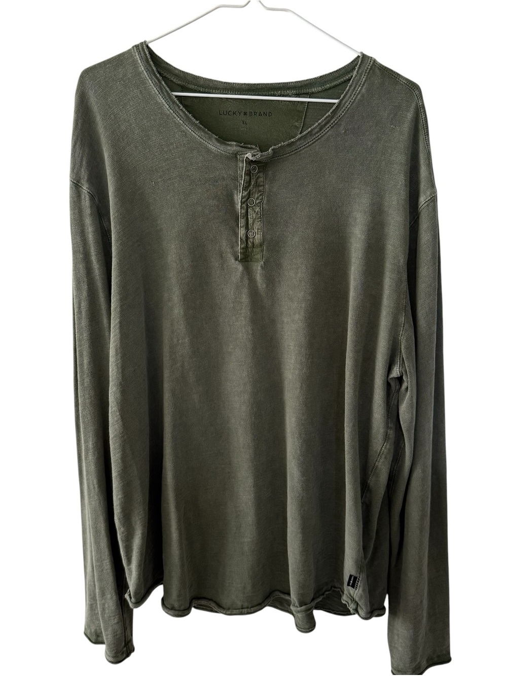 Lucky Brand Men's Washed Olive Green Long-Sleeve Slub Henley Shirt XL Cotton